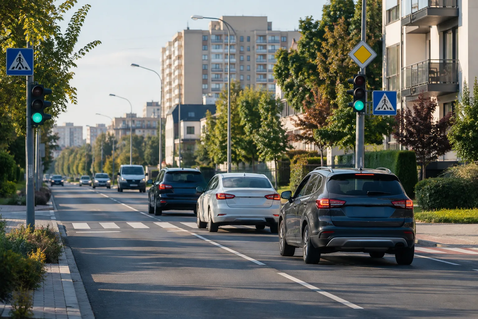 Автомобили едут по городской улице мимо светофоров и знаков пешеходного перехода