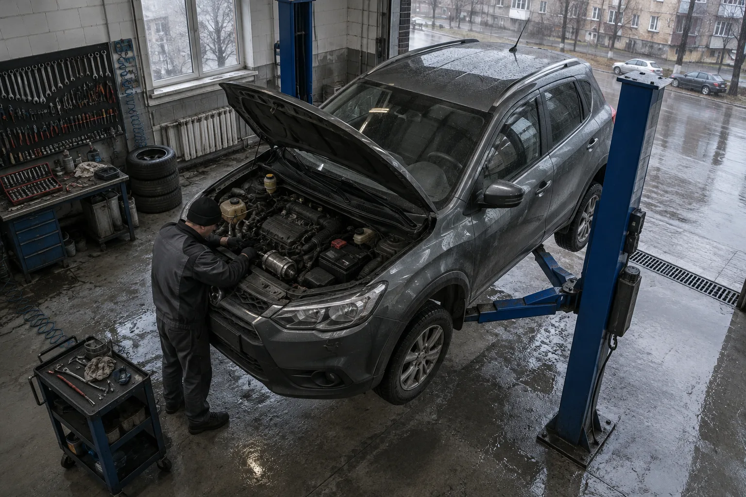 Стартер і акумулятор у моторному відсіку автомобіля