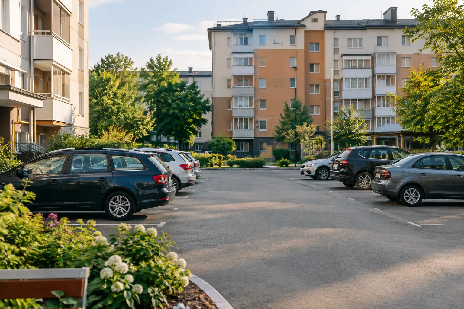 Автомобили припаркованы возле многоквартирных домов