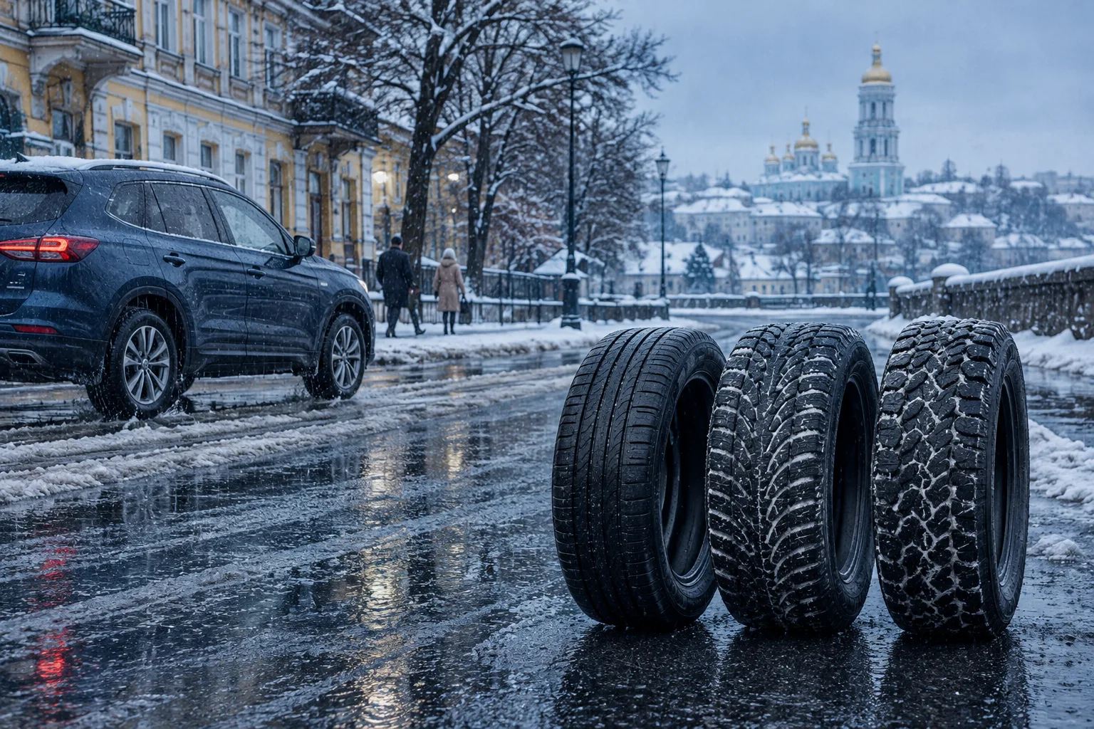 Три автомобильные шины с разными протекторами на фоне сезонных дорожных условий