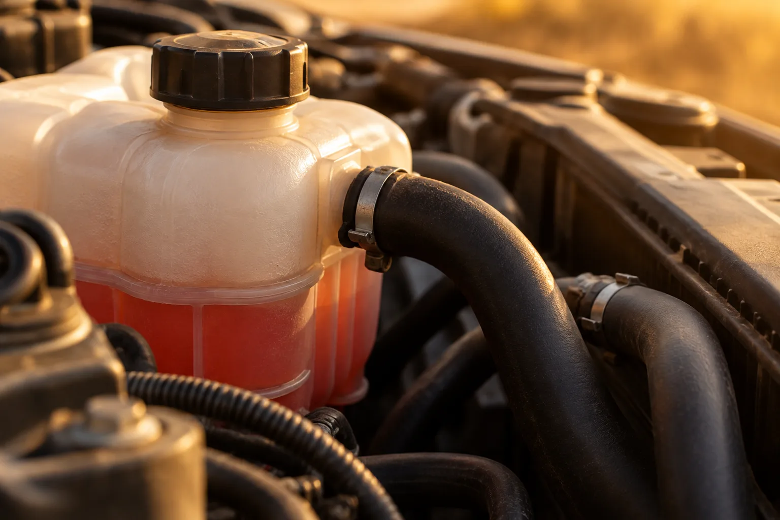 Бачок охлаждающей жидкости и патрубки под капотом автомобиля