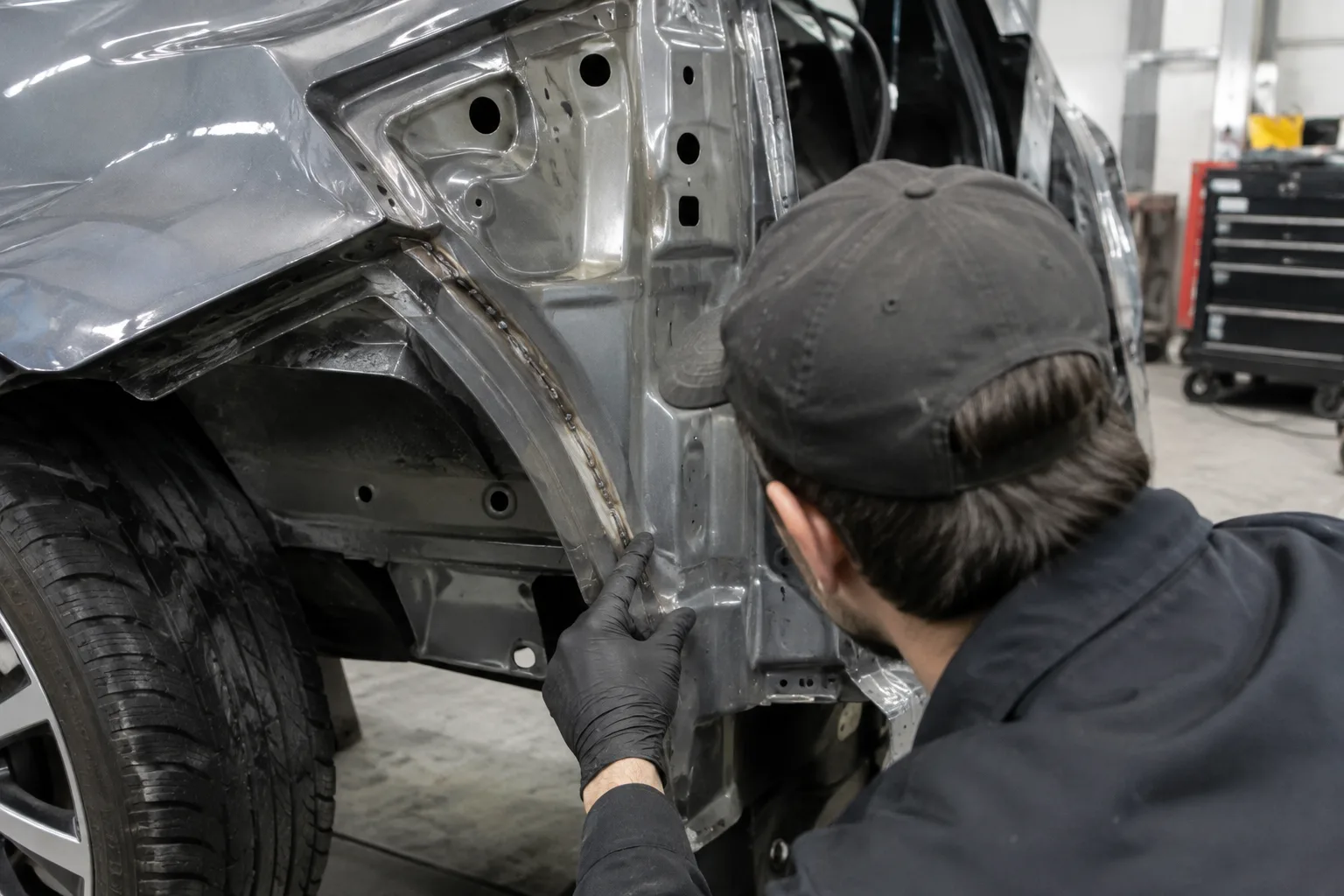 Осмотр стыков кузовных панелей автомобиля после ДТП